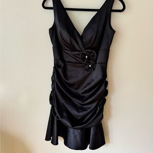 Black Satin Ruched V-Neck Cocktail Dress